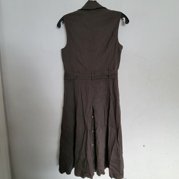 Theory Brown Button Front Sleeveless Linen Belted Pleated Back Midi Dress Size 8 - Picture 3 of 12